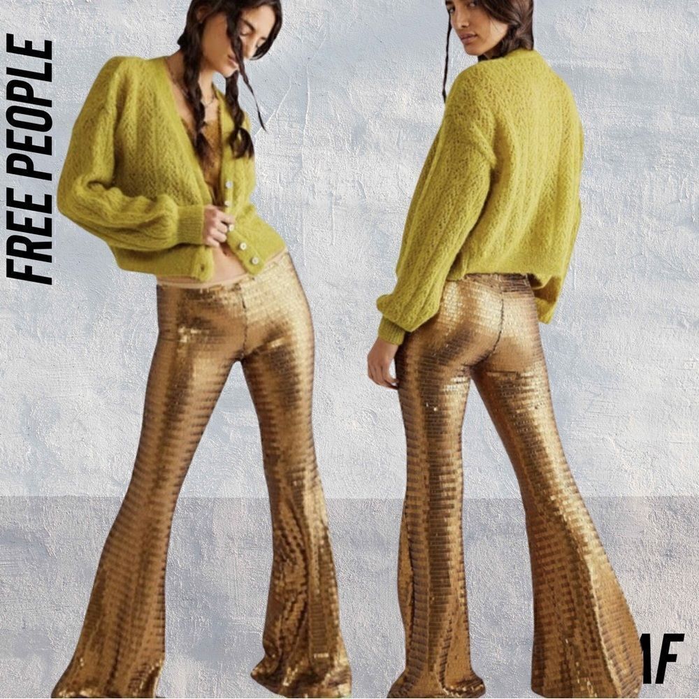 FREE PEOPLE GOLD MATTE PARTY PANTS BELLBOTTOM FLARE NWT XS